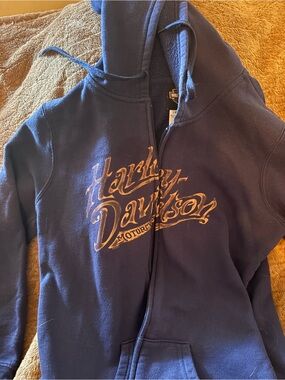 Harley-Davidson Blue Hoodie with Light Tan Logo - Big Moose Portland Maine
